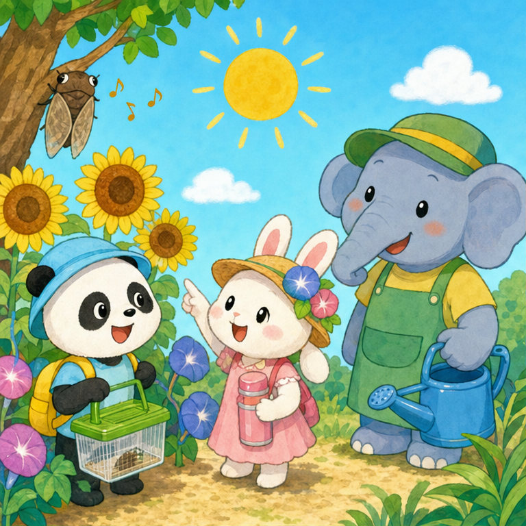 日本の夏は、太陽がきらきらして、あつい日が多いよ。
ひまわりが咲いたり、朝顔が咲いたりするよ。
セミが「ミーンミーン」とないたら、夏がきたしるしだね。