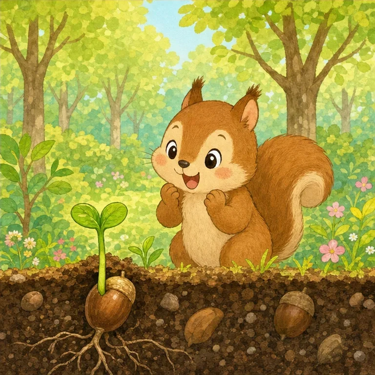 The acorns Squirrel forgot are sleeping in the soil.
When spring comes, up they pop!
A tiny sprout grows from an acorn.
That sprout grows little by little and becomes a tree.
So Squirrel is planting trees in the forest without even knowing it.
Squirrel’s forgotten treasures are helping the forest grow bigger.