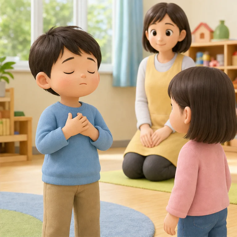 怒ったときは、まず止まります。
手で叩いたり、押したりしません。
ゆっくり息をすると、少し落ち着きます。