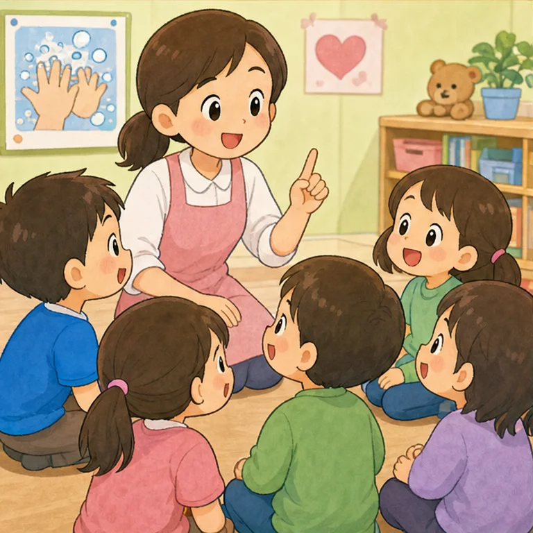 つぎの日、先生が おはなししました。
『てを あらうことは、じぶんの からだを まもることです』
『そして、おともだちに ばいきんを うつさないためにも たいせつです』
ゆうたくんは、てあらいは みんなを まもることなんだと わかりました。
