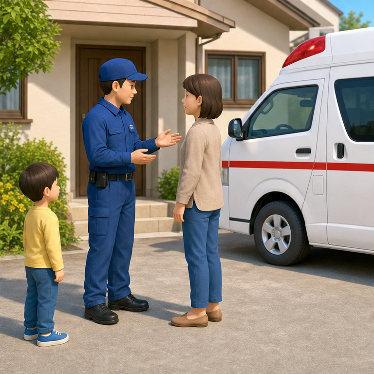 きゅう急車は、本当に助けがひつようなときによびます。
子どもは、近くの大人にすぐ知らせます。
大人が電話をして、きゅう急車をよびます。