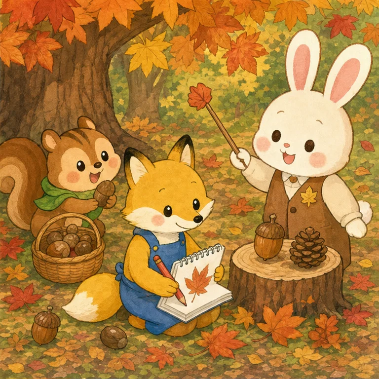 On the ground in autumn, there are acorns and pinecones.
Leaves come in many colors, and they are beautiful.
When you look closely, there are lots of tiny autumn treasures.
