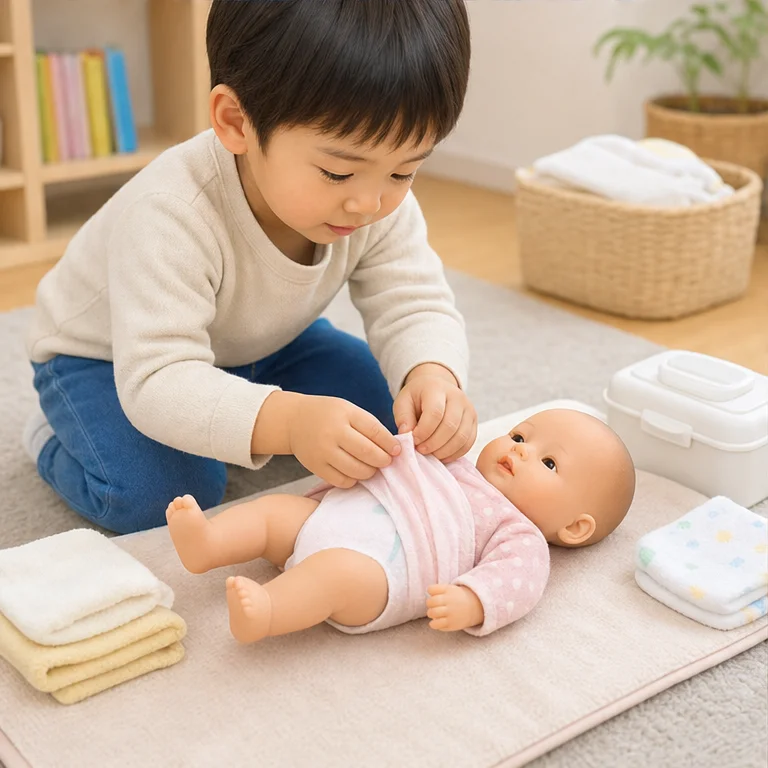 아기는 옷이나 몸을 깨끗하게 해 달라고 해요.
역할놀이에서는 수건으로 닦아 주는 흉내를 내요.
깨끗한 기저귀나 옷을 살짝 준비해요.