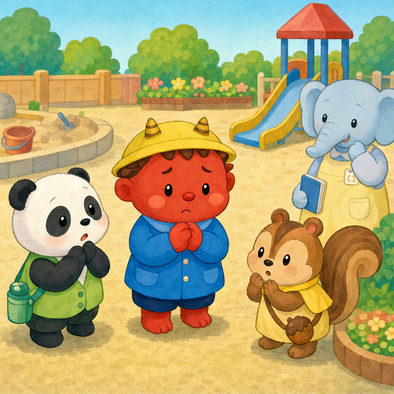 幼稚園に、赤おにくんがいました。
赤おにくんは体が大きくて、つのもありました。
でも、本当はとてもやさしい子です。