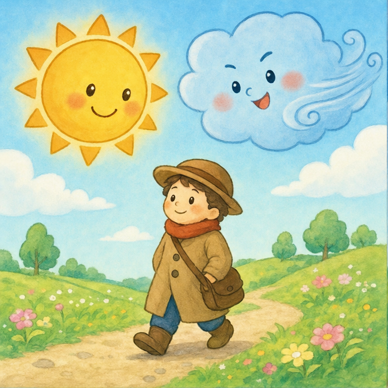 ある日、北風さんと太陽さんが、お空でお話していました。
北風さんは言いました。
「ぼくのほうが、つよいぞ！」
太陽さんはにこにこして言いました。
「ほんとうかな？ あの旅人さんのコートを、ぬいでもらえるか、くらべてみよう。」