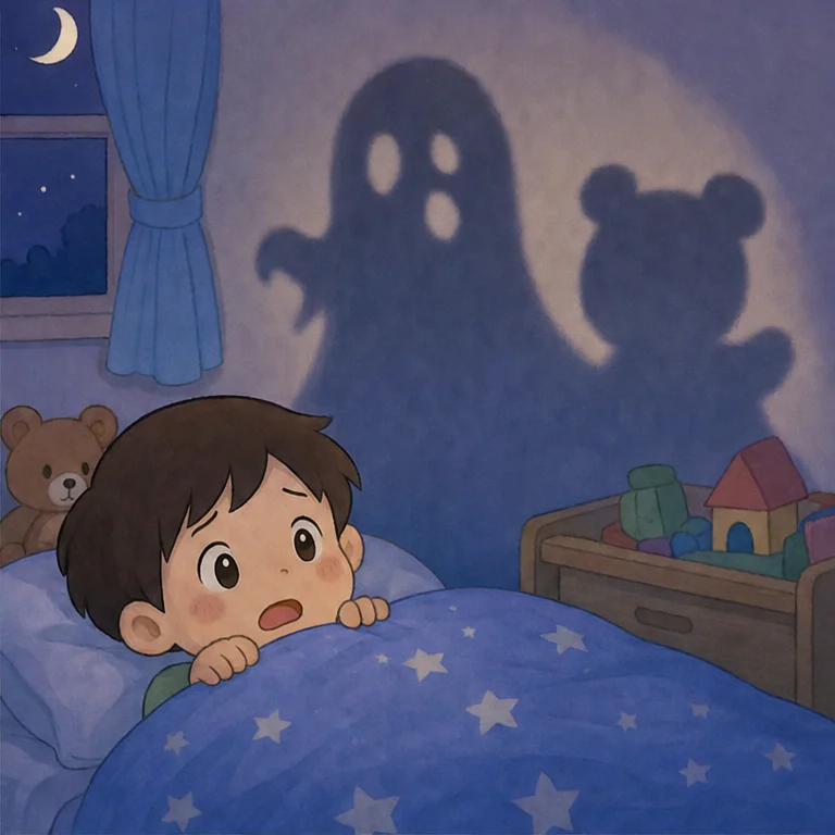 At night, when the room gets dark, shadows can look big.
Sometimes the shadow of a curtain can look like a ghost.
But when you turn on the light and look closely...
Oh! It was just the curtain and a stuffed animal.