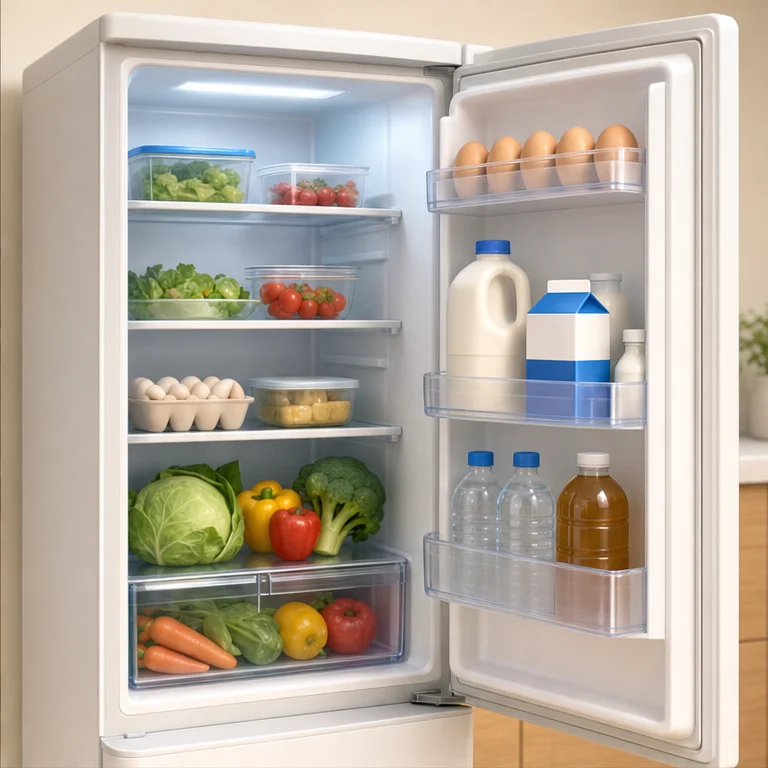 The inside of a refrigerator is cool.
It can make food and drinks cold.
We sometimes put milk and vegetables inside.