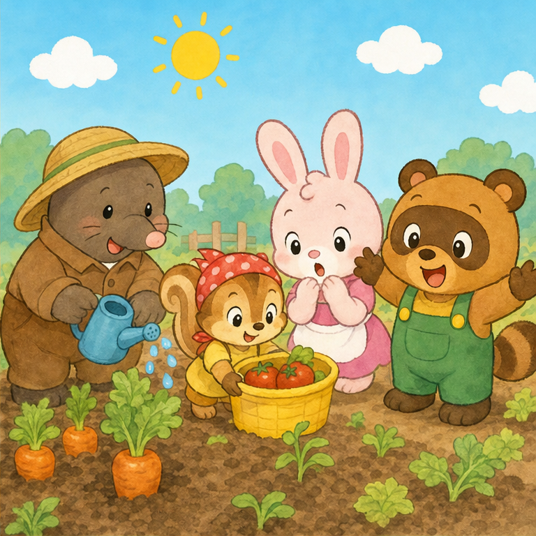 食べ物は、はじめからおさらにあるのではありません。
畑でそだてたり、運んだり、作ったりしてくれる人がいます。
おひさまや水も、食べ物をそだててくれます。