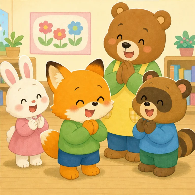 友だちが言いました。
「びっくりしなかったよ。腕でおおってくれて、ありがとう！」
子ぎつねくんは、にっこりしました。
くしゃみのときのお約束は、まわりの人を大切にする思いやりなんだね。