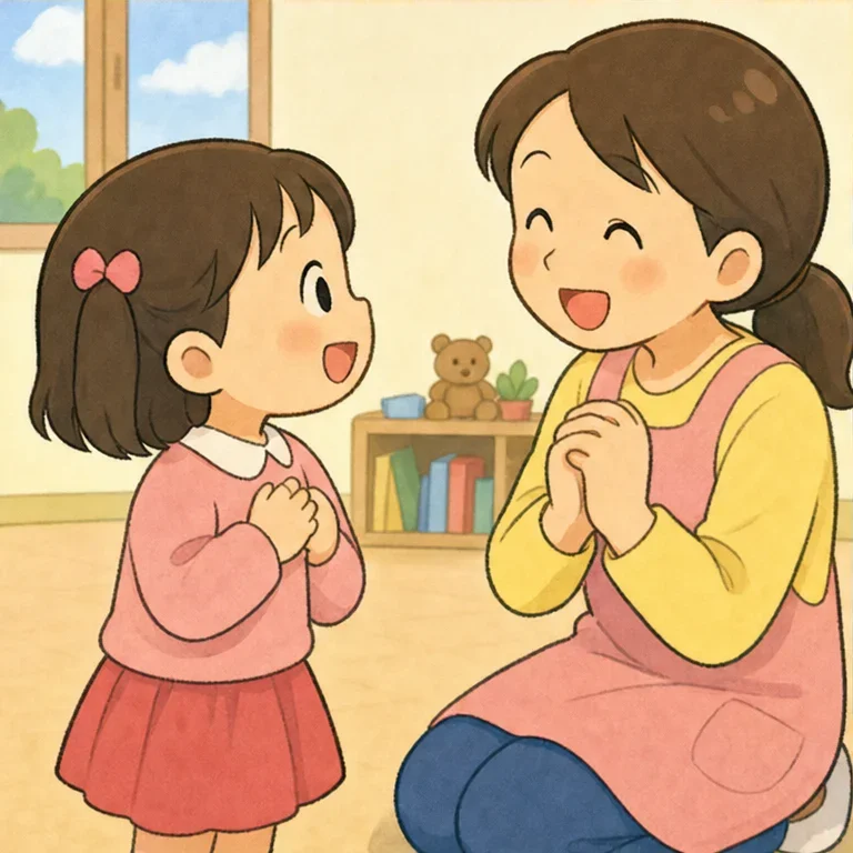 ひなちゃんは、ちいさな こえで いいました。
「ひなです」
じょうずに いえました。
せんせいも にこにこです。