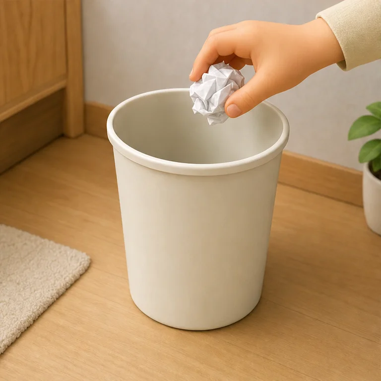 We do not toss trash onto the floor.
We put it inside the trash can.
After putting it in, let’s clean our hands.