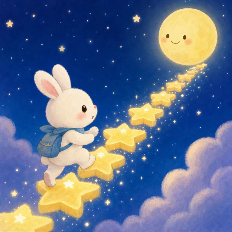 모자는, 글쎄 달 쪽까지 날아가 버렸어요.
그러자, 하늘에 반짝반짝 별 계단이 나타났어요.
아기 토끼는 조금 무서웠지만, 모자를 되찾고 싶어서 용기를 냈어요.
“괜찮아. 천천히 올라가면 돼.”
아기 토끼는 별 계단을 한 걸음씩 올라갔어요.