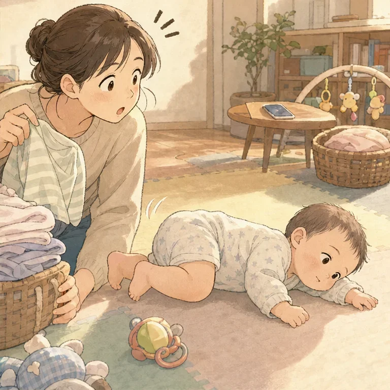 문득 보니, 아기의 몸이 평소보다 훨씬 옆으로 돌아가 있었습니다.
“어라? 지금 혹시 뒤집기 하려는 건가?”
빨래를 들고 있던 손이 그대로 멈췄습니다.
휴대폰을 가지러 가고 싶다. 하지만 이 순간을 놓치고 싶지 않다. 부모의 마음은 순식간에 바빠집니다.