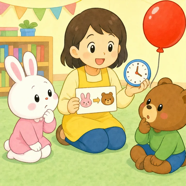 선생님이 다정하게 말했어요.
“어떻게 하면 둘 다 즐겁게 놀 수 있을까?”
토끼와 곰은 음, 하고 생각했어요.
토끼가 말했어요.
“그럼, 순서대로 하자.”
곰도 말했어요.
“좋아. 기다리는 동안 응원할게.”