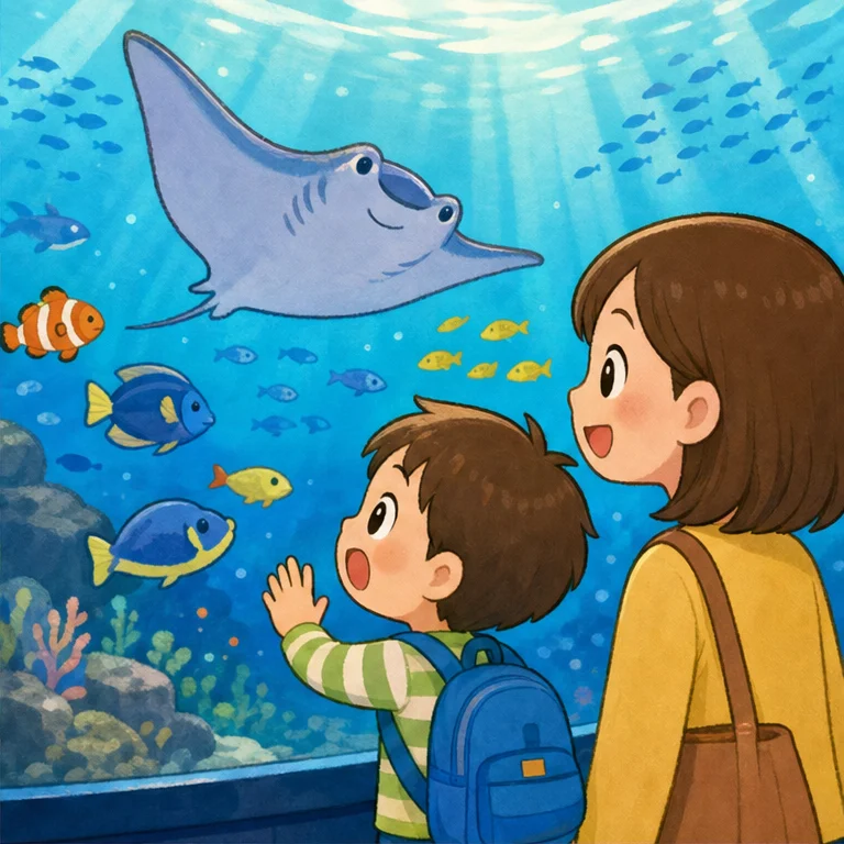 わあ、大きな 水そうだね！
お魚たちが、すいすい 泳いでいるよ。
小さなお魚は みんなで いっしょに 泳いでいるね。
大きなエイは、ひらひらと 空を飛ぶみたいに 泳いでいるよ。