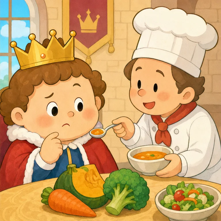 料理人さんは、やさしく言いました。
「王さま、ぜんぶ食べなくてもいいですよ。」
「まずは、小さく一口だけ、ためしてみませんか？」
王さまは、ちょっぴりドキドキしました。