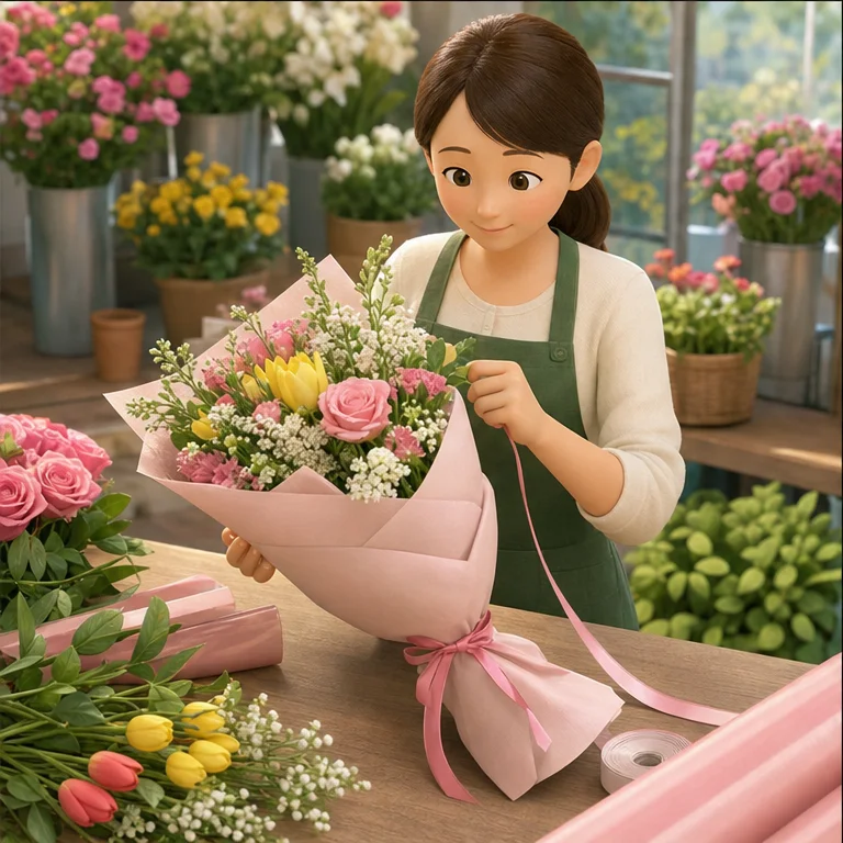 꽃집 사람은 꽃을 골라 꽃다발을 만듭니다.
큰 꽃, 작은 꽃, 잎을 함께 조합합니다.
꽃다발은 선물로도 사용합니다.