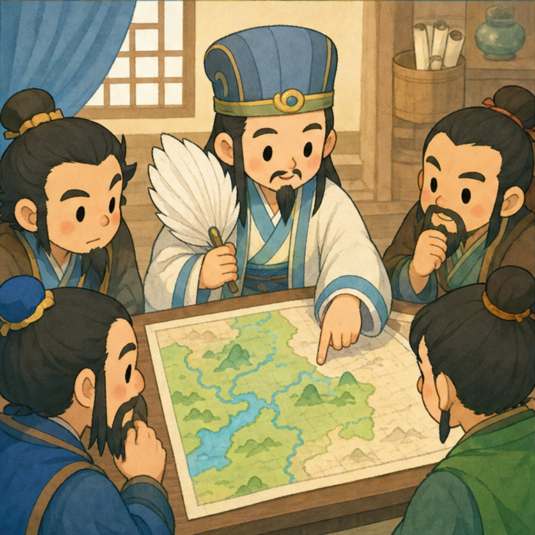 劉備たちのところには、孔明という とても頭のよい人が来ました。
孔明は、力だけではなく、知恵を使うことが大切だと教えてくれました。
「どうしたら、みんなが困らないかな？」
みんなで地図を見ながら、よく考えました。
