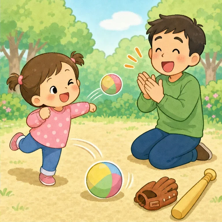 ひなちゃんは、なんども なんども ボールを なげます。
ぽーん、ころころ、ぽーん！
れんしゅうすると、すこしずつ じょうずに なります。
パパは言いました。
「ひなちゃん、しょうらいは 野球せんしゅかな？」