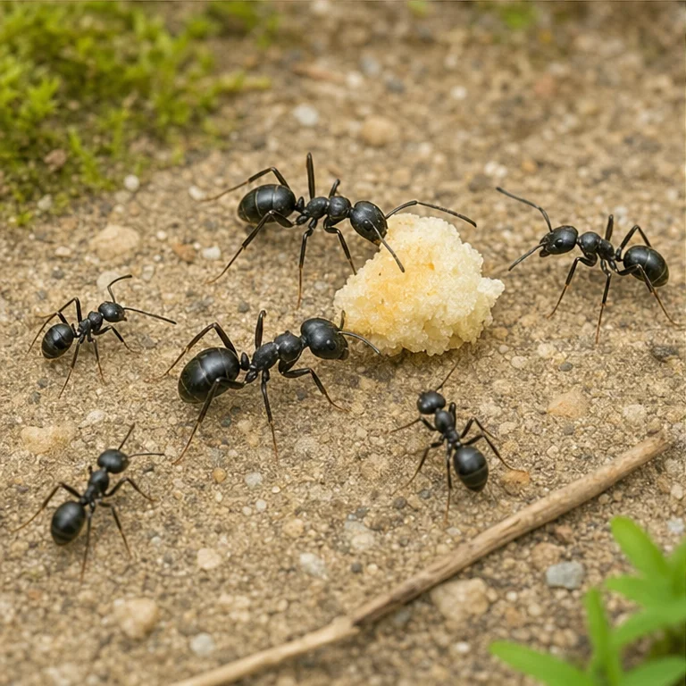ありは、食べものを見つけます。
小さな食べものを、巣へ運ぶことがあります。
なかまと道を歩いていくこともあります。