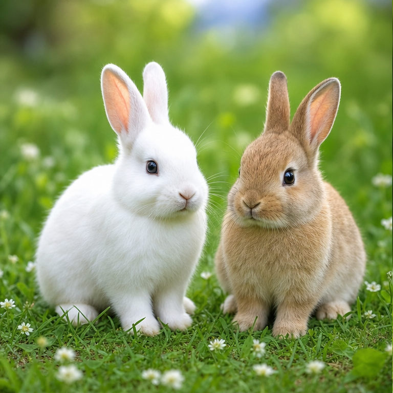 うさぎは、ふわふわの毛があるどうぶつです。
白い毛、茶色い毛、黒い毛のうさぎがいます。
からだは丸くて、しっぽは小さいです。