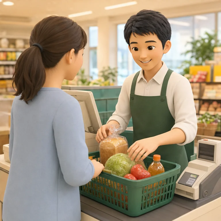 살 물건을 정하면 계산대로 가요.
가게에서 일하는 사람은 물건을 확인해요.
돈을 받고, 산 물건을 건네줘요.