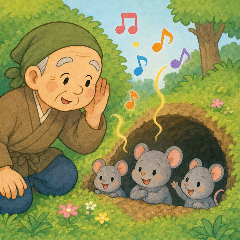 おじいさんが あなの そばで 耳を すますと……。
「おむすび ころりん すっとんとん！」
かわいい 歌が 聞こえてきました。
おじいさんは、うれしくなって にこにこしました。
