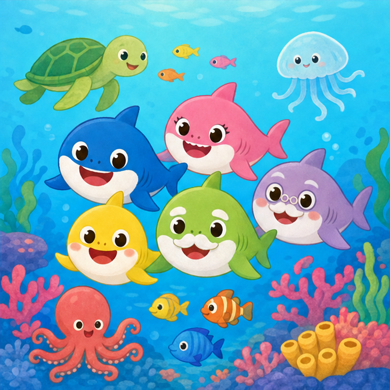 海には、サメだけでなく、魚、カメ、タコ、クラゲなど、いろいろな生き物がいます。
みんな、海を おうちにして くらしています。
だから、海を きれいにすることは とても大切です。
サメの家族も、きれいな海で うれしそうに 泳いでいます。