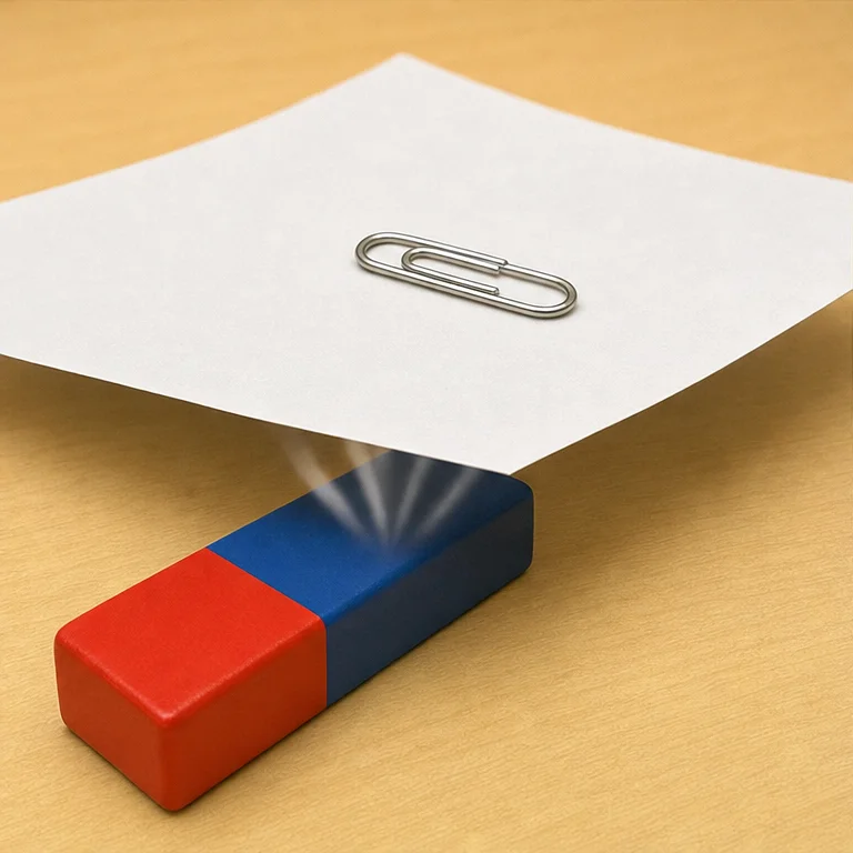 Magnets can use their force even from a little distance away.
Sometimes they can move a paper clip even from under a sheet of paper.
A magnet’s force is invisible, but it is working.