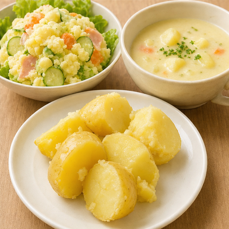 じゃがいもは、料理して食べます。
ゆでたり、焼いたり、スープにしたりします。
ほくほくして、おいしい野菜です。
