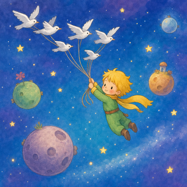 ある日、王子さまは、いろいろなことを知りたくなりました。
そして、自分の星を出て、旅に出ました。
王子さまはいろいろな星を見ました。
でも、旅をしているうちに、王子さまは少しだけ、バラのことを思い出しました。