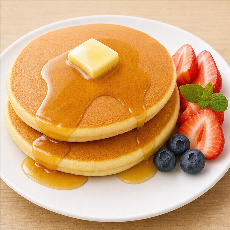 焼けたホットケーキを、お皿にのせます。
バターやシロップをのせることがあります。
ふんわりして、あまい味がします。