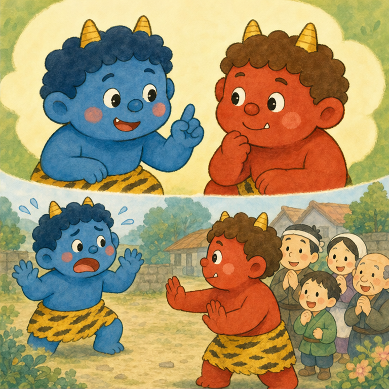 赤おにさんには、なかよしの 青おにさんがいました。
青おにさんは、赤おにさんのために 考えました。
『ぼくが ちょっと 困ったことをする ふりをするよ。赤おにくんが 止めたら、村の人たちは 赤おにくんの やさしさに 気づくかもしれない』
青おにさんが 困ったふりをすると、赤おにさんは やさしく言いました。
『みんなが びっくりするから、やめようね』
村の人たちは、『赤おにさんは やさしいんだね』と わかりました。