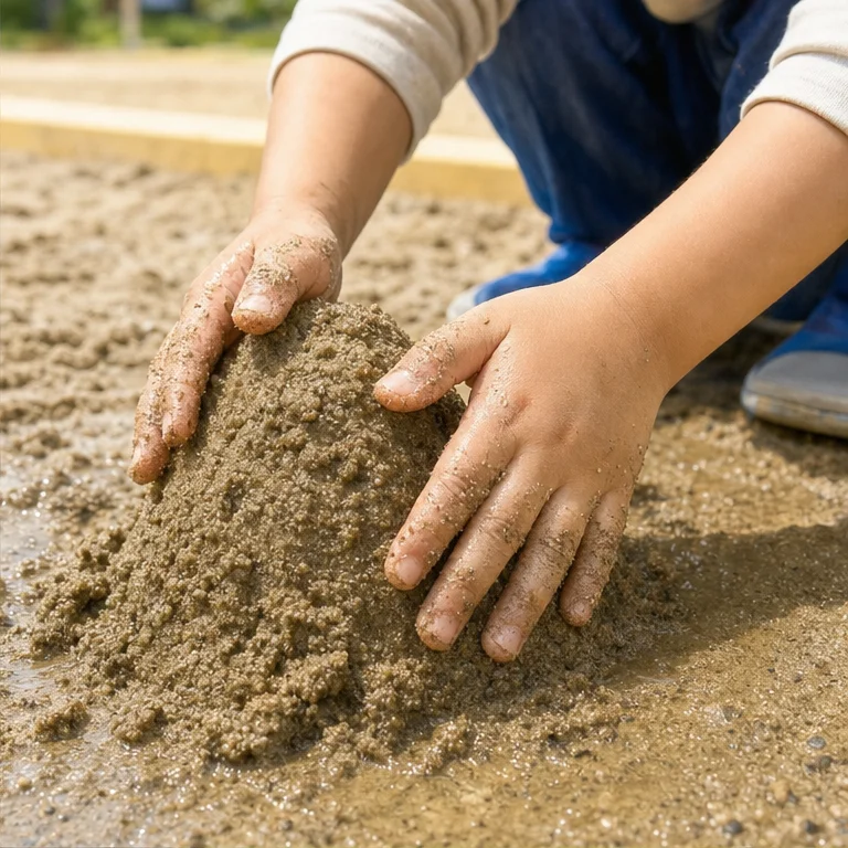When you mix a little water into sand, it becomes easier to press together.
Wet sand can be shaped into hills and dumplings.
If there is too much water, it becomes muddy.