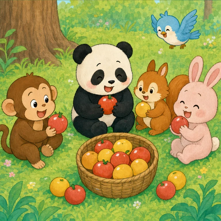 友だちは びっくりしました。
「パンダくん、すごいね！そんな やり方が あったんだ！」
みんなで 木の実を 分けて、にこにこ 食べました。
子パンダは 思いました。
「みんなと 同じに できなくても いいんだ。ぼくに 合う やり方を 見つければ いいんだね」