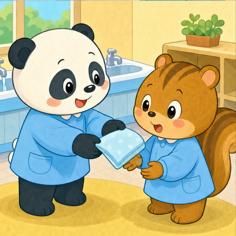 这时，朋友熊猫发现了。
“小松鼠，你遇到困难了吗？”
小松鼠小声地说。
“我忘记带手帕了。”
熊猫微笑着说。
“我带了一块干净的备用手帕哦。如果你愿意，就用吧。”