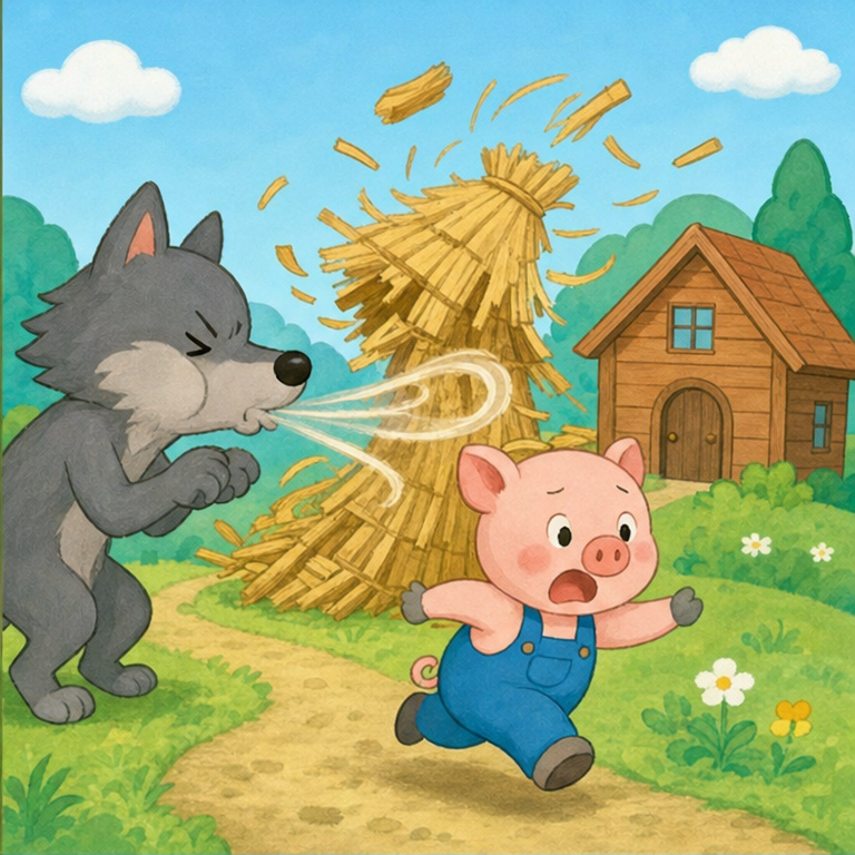そこへ、オオカミがやってきました。
オオカミは、わらのおうちを見て言いました。
「ふーっ！ ふーっ！」
わらのおうちは、とても軽かったので、ふわふわっと飛んでしまいました。
いちばんめの子ぶたは、にばんめの子ぶたの木のおうちへ走っていきました。