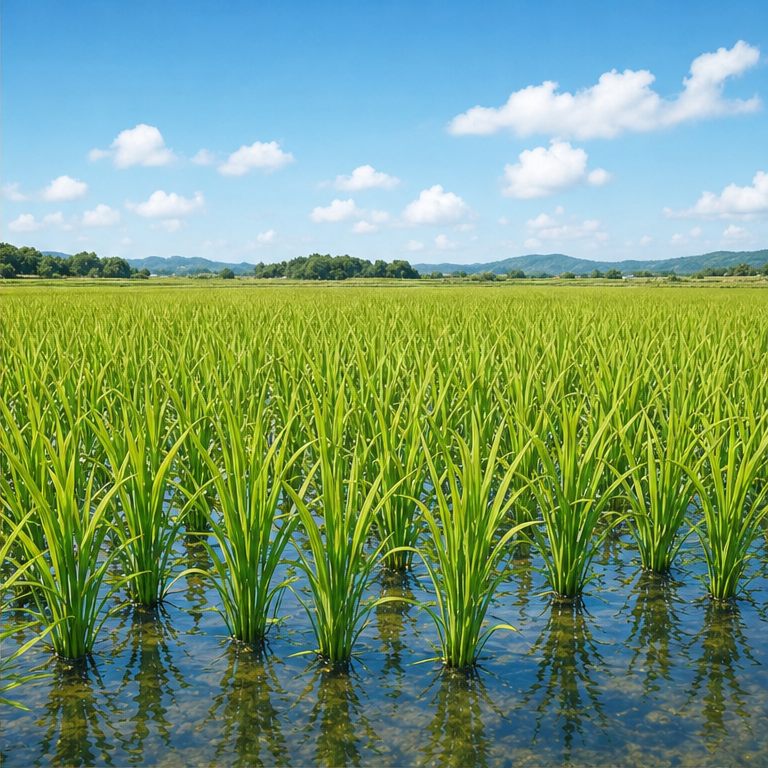 お米は、田んぼで育ちます。
田んぼには、水があります。
緑の稲が、太陽の光をあびて大きくなります。