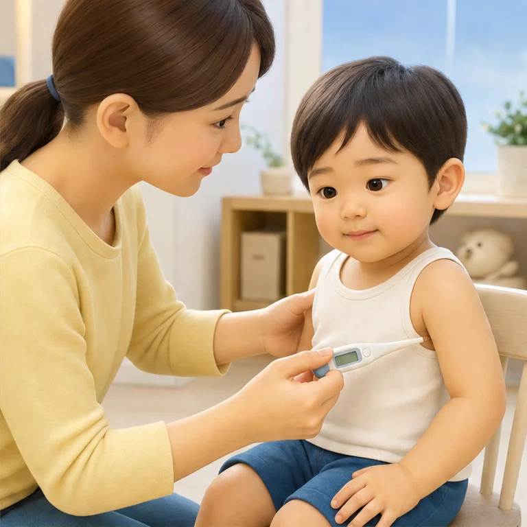 體溫計要和大人一起使用。
有時候會夾在腋下，安靜地等一下。
也有量額頭的體溫計。