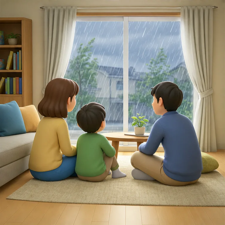 During a typhoon, we do not go near the windows.
We stay in a safe place inside the house.
We listen carefully to what adults say.