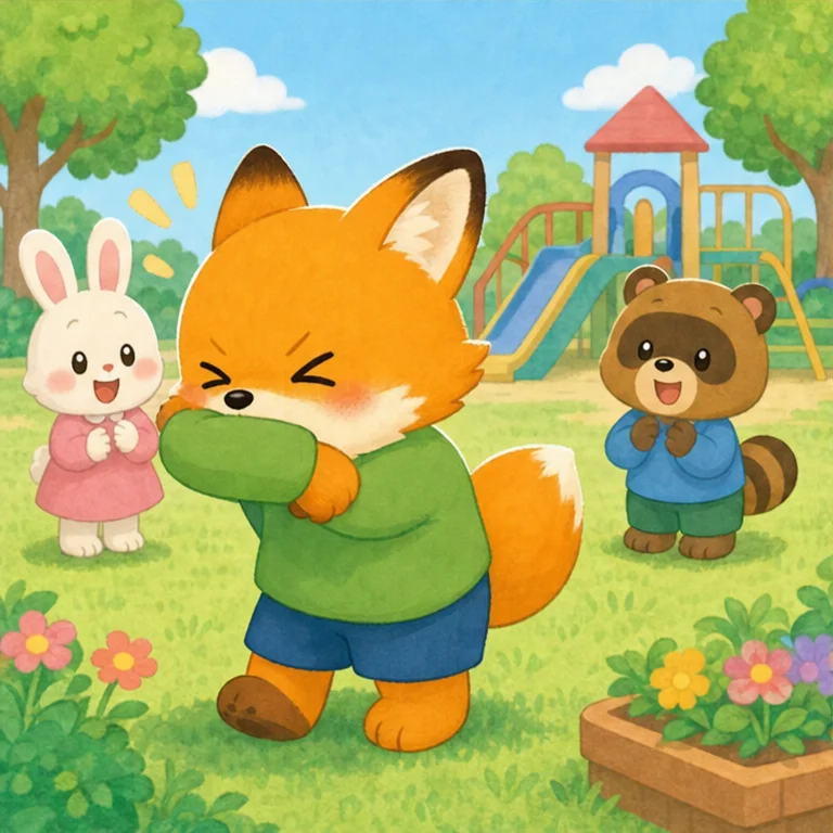 また、子ぎつねくんの鼻がむずむずしてきました。
はっ、はっ……。
子ぎつねくんは、先生のお話を思い出しました。
口と鼻を、腕でしっかりおおって、はくしょん！