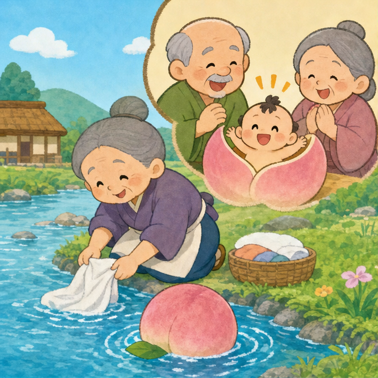むかしむかし、あるところに、おじいさんと おばあさんが いました。
おばあさんが 川で お洗濯をしていると、大きな桃が どんぶらこ、どんぶらこ と流れてきました。
桃を 家に持って帰って 切ってみると、中から 元気な赤ちゃんが 生まれました。
おじいさんと おばあさんは、その子を「桃太郎」と名づけて、大切に育てました。