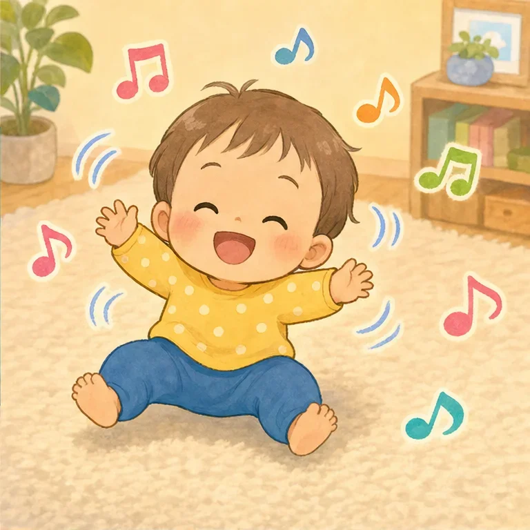 赤ちゃんは、まだ 大きい子みたいに 上手には おどれません。
でも、からだを 右へ 左へ、クネクネ。
おてても ぱたぱた。
赤ちゃんの ベイビーダンスが はじまりました。