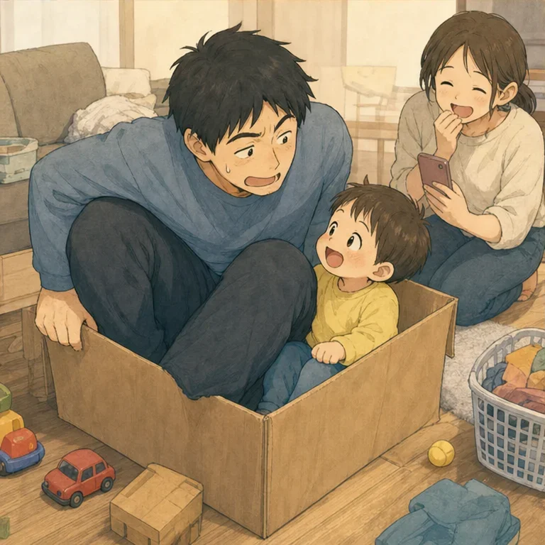 断る理由はいくつも浮かびました。
狭いし、足はしびれそうだし、箱は少しミシッと言いそうです。
それでも、子どもの期待に満ちた顔を見て、パパはゆっくり入りました。
ほとんどはみ出しているのに、子どもはとても満足そうでした。