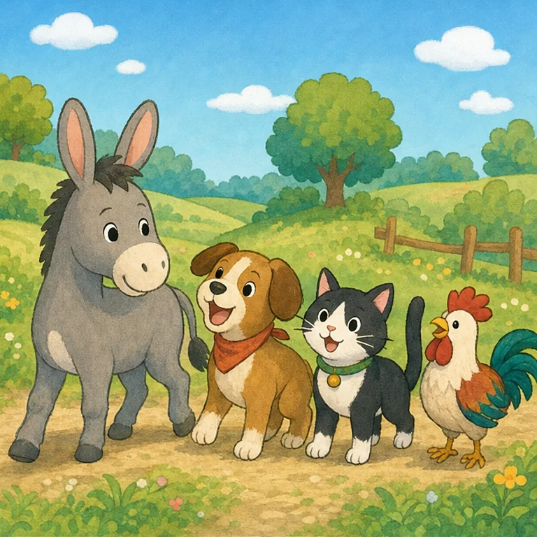 길을 가다가, 당나귀는 개를 만났어요.
개도 나이가 들어 달리는 것이 느려졌어요.
“함께 음악대가 되자!”
다음에는 고양이와 수탉도 만났어요.
모두 함께 노래하면, 분명 즐거울 거야!
당나귀, 개, 고양이, 수탉은 친구가 되었어요.