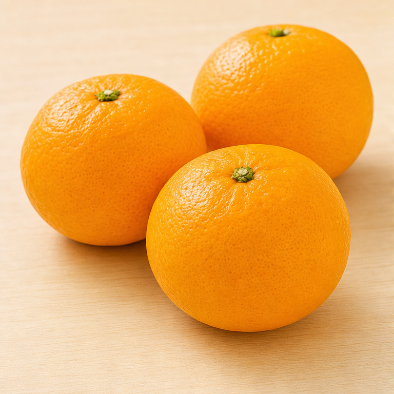 みかんは、オレンジ色のくだものです。
まるくて、少しぺたんとした形です。
手のひらにのるくらいの大きさです。