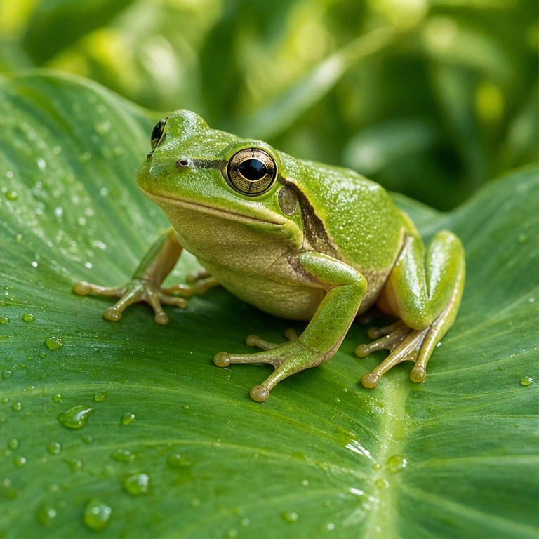 かえるは、小さな生き物です。
目が大きくて、後ろ足が長いです。
体は、みどり色や茶色のものがいます。