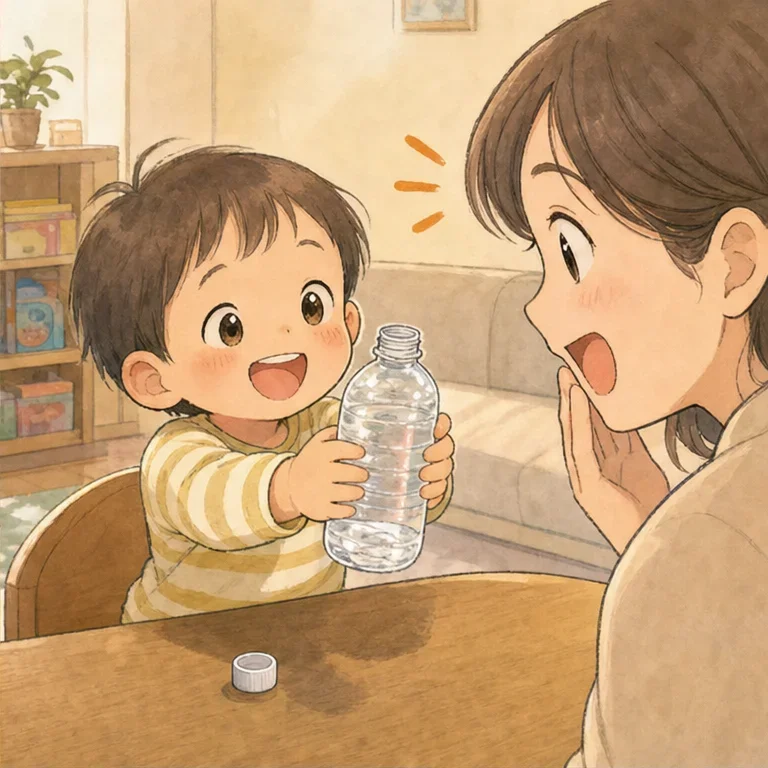 すると、キュッ、キュッ、と小さな音がして……。
ぽん、とふたが外れました。
子どもは満面の笑みで、「あいた！」と見せてくれました。
思わず「えっ、開けられたの？」と声が出て、うれしいような、びっくりするような気持ちになりました。