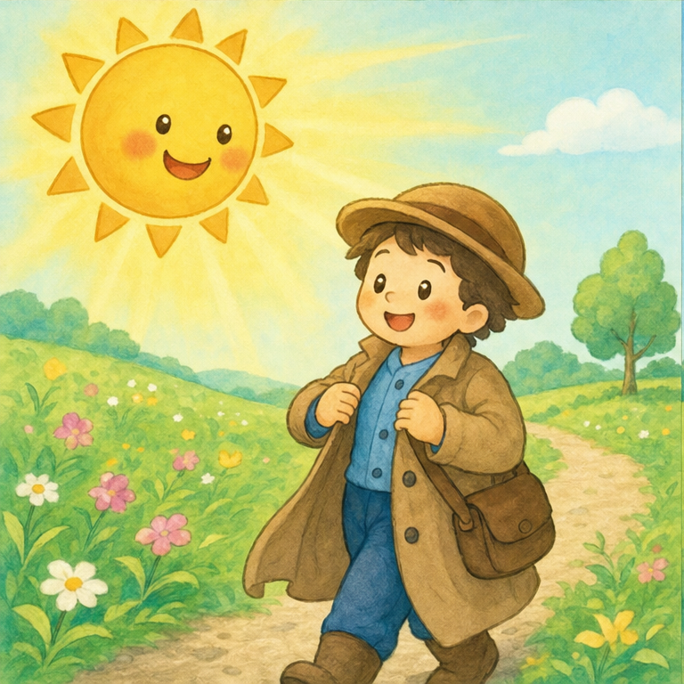 つぎは、太陽さんのばんです。
太陽さんは、にこにこしながら、やさしく照らしました。
ぽかぽか、ぽかぽか。
旅人さんは、だんだんあたたかくなってきました。
「ああ、あったかいなあ。」
旅人さんは、コートのボタンをはずしました。