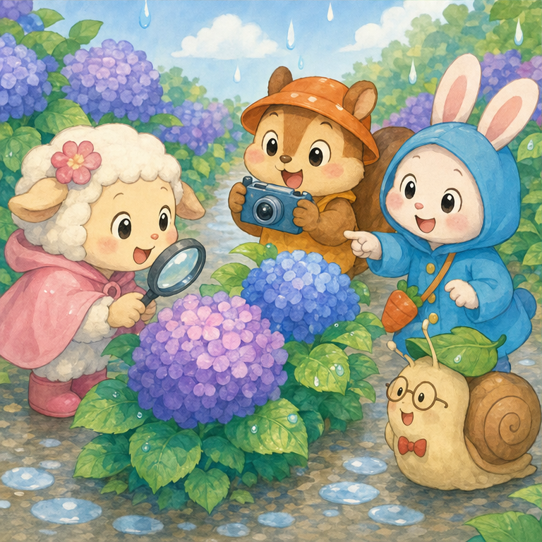 梅雨のころ、紫陽花がきれいに咲きます。
青やむらさき、ピンクのお花が、まるいボールみたいに見えます。
雨のしずくがつくと、きらきらしてとてもきれいです。
